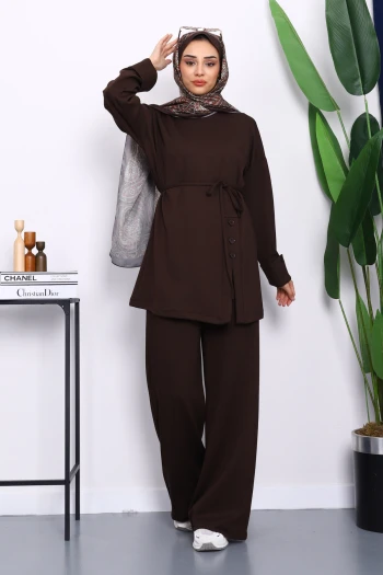 Kahverengi Düğme Detaylı Tunik Pantolonlu Modal Takım