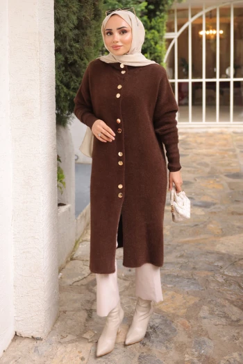 Kahverengi Düğmeli Angora Yumoş Triko Hırka