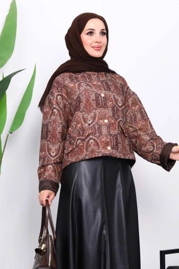 Kahverengi Etnik Desenli Kısa Ceket
