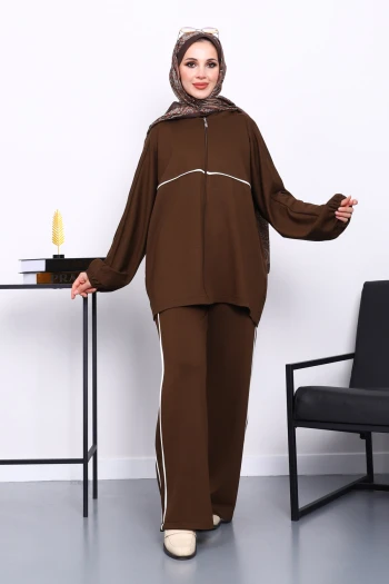 Kahverengi Fermuarlı Sweat Pantolonlu Modal Takım