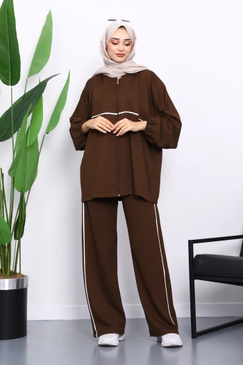 Kahverengi Fermuarlı Sweat Pantolonlu Modal Takım