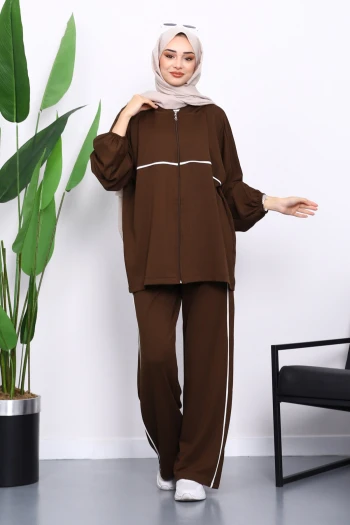 Kahverengi Fermuarlı Sweat Pantolonlu Modal Takım
