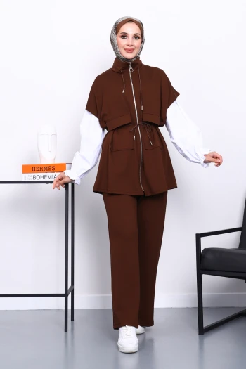 Kahverengi Fermuarlı Yelek Pantolonlu Modal Takım