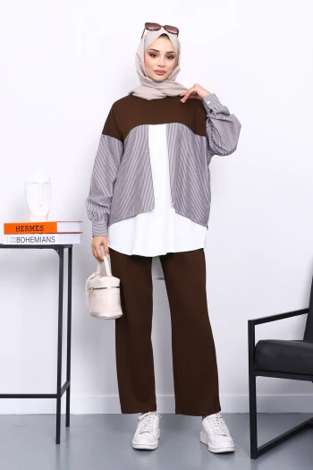 Kahverengi Garnili Tunik Pantolonlu Modal Takım