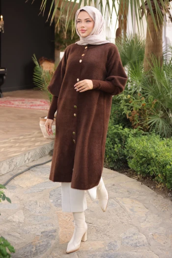 Kahverengi Hakim Yaka Angora Yumoş Hırka