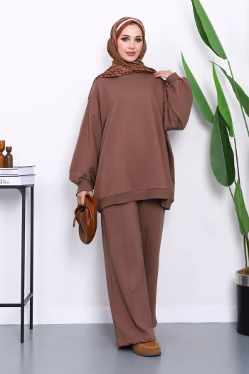 Kahverengi İki İplik Oversize Pantolonlu Takım
