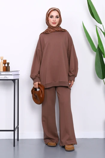 Kahverengi İki İplik Oversize Pantolonlu Takım