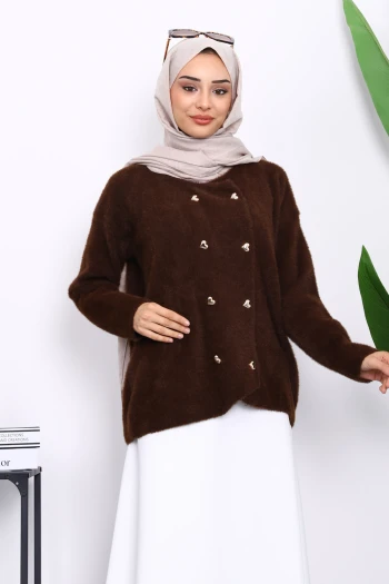 Kahverengi Kalp Düğme Detaylı Angora Yumoş Triko Hırka
