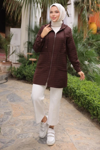 Kahverengi Kapitone Fermuarlı Cepli Kap