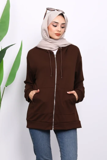 Kahverengi Kapşonlu Fermuarlı Modal Sweat Hırka