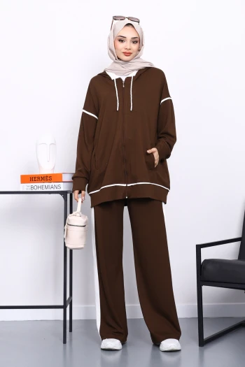 Kahverengi Kapşonlu Garnili Modal Takım