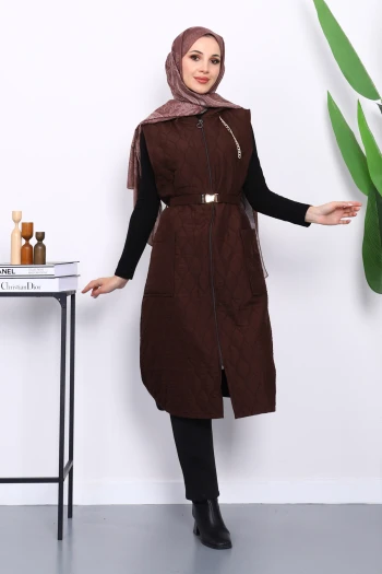 Kahverengi Kapüşonlu Kemerli Kapitone Yelek