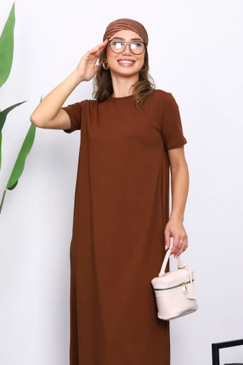 Kahverengi Kısa Kol Tesettür İçlik Elbise