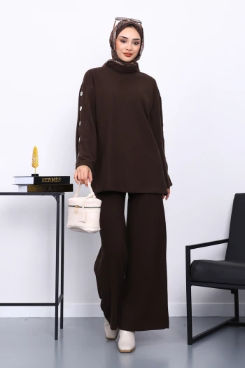 Kahverengi Kol Düğme Detaylı Tunik Pantolonlu Takım