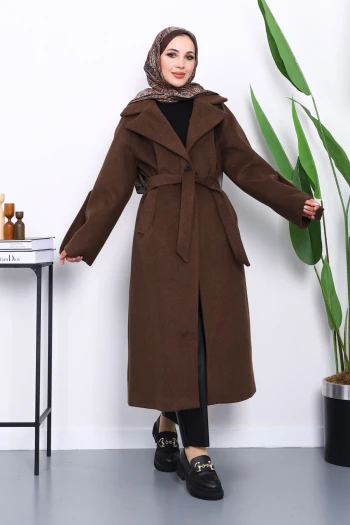 Kahverengi Kolu Apoletli Astarlı Kaşe Kaban