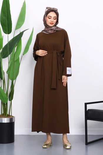 Kahverengi Kolu Armalı Reglan Kol Basic Modal Kuşaklı Elbise