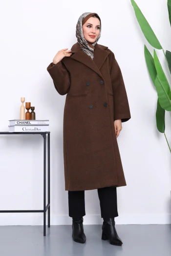 Kahverengi Kruvaze Yaka Astarlı Kaşe Kaban