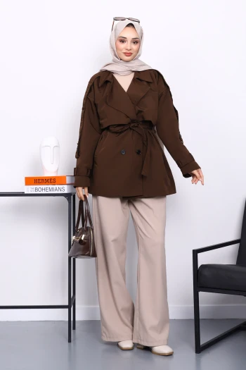 Kahverengi Kruvaze Yaka Astarlı Kısa Trençkot