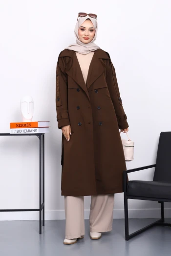 Kahverengi Kruvaze Yaka Astarlı Trençkot