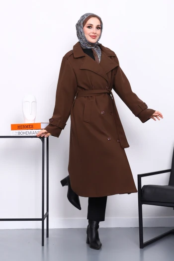 Kahverengi Kruvaze Yaka Kuşaklı Kaşe Kaban