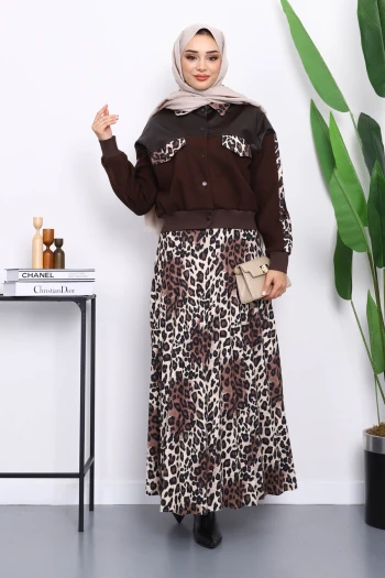 Kahverengi Leopar Desenli Ceket Etekli Takım