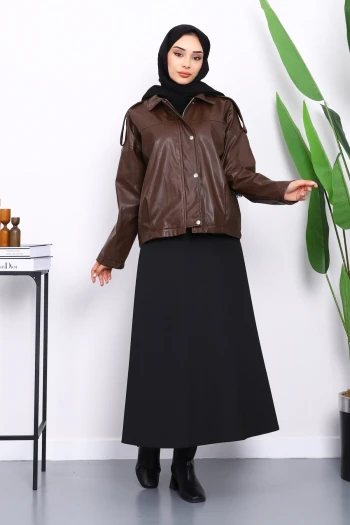 Kahverengi Omuz Apoletli Deri Ceket