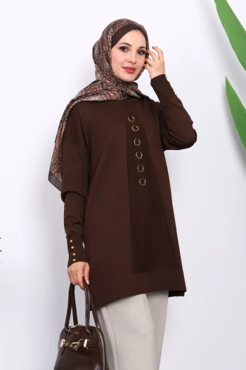 Kahverengi Ön Detaylı Soğuk İplik Triko Tunik
