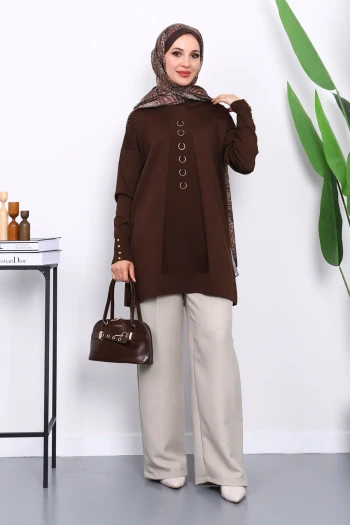 Kahverengi Ön Detaylı Soğuk İplik Triko Tunik