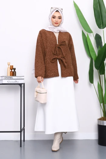 Kahverengi Önü Bağlamalı Keçe Kimono Ceket