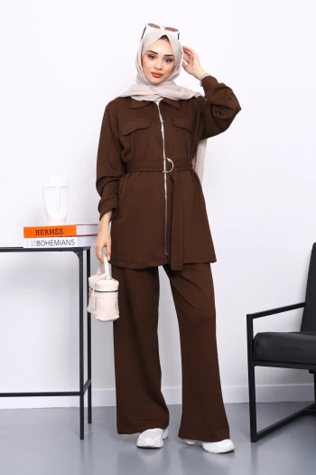 Kahverengi Sahte Cepli Bel Kuşaklı Modal Takım