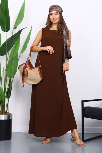 Kahverengi Sıfır Kol Ayrobin Tesettür İçlik Elbise