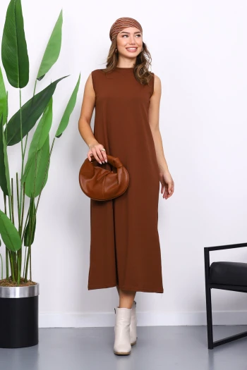 Kahverengi Sıfır Kol Penye Tesettür İçlik Elbise