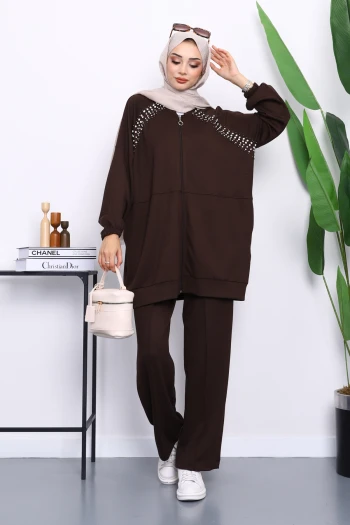 Kahverengi Taş Detaylı Fermuarlı Pantolonlu Tunik Modal Takım