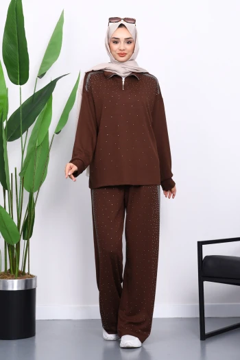 Kahverengi Taşlı Yaka Fermuarlı Tunik Pantolonlu Takım