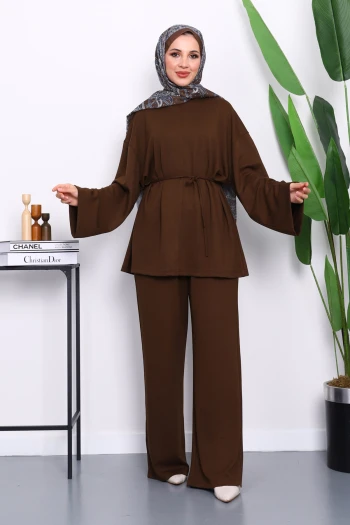 Kahverengi Tunik Pantolonlu Modal Takım