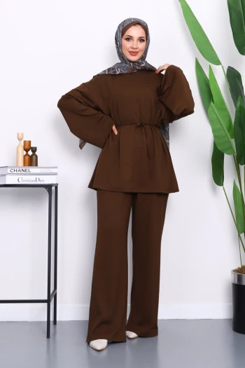 Kahverengi Tunik Pantolonlu Modal Takım