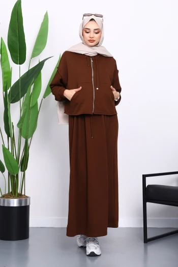 Kahverengi Üç İplik Sweat Hırka Elbise Kombin Takım