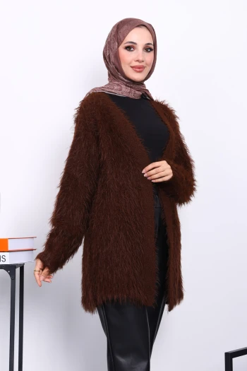Kahverengi Uzun Angora Yumoş Triko Hırka