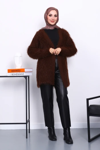 Kahverengi Uzun Angora Yumoş Triko Hırka