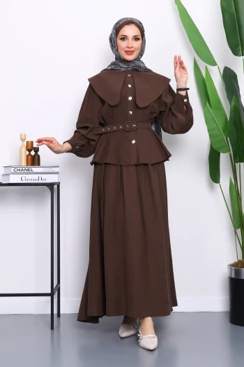 Kahverengi Yaka Detaylı Gömlek Etekli Takım