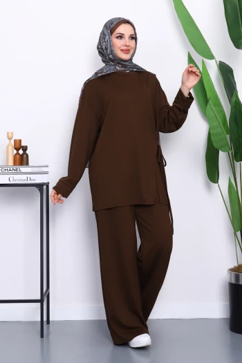 Kahverengi Yan Bağlamalı Tunik Pantolonlu Modal Takım