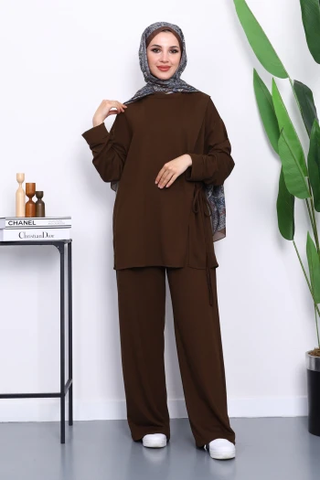Kahverengi Yan Bağlamalı Tunik Pantolonlu Modal Takım