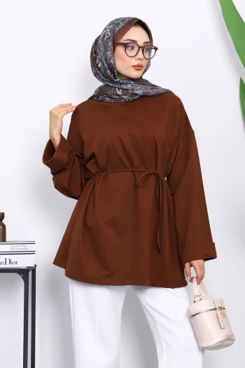 Kahverengi Yanları Yırtmaçlı Bel İpli Tunik