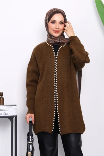 Kahverengi Yumoş Triko İncili Hırka