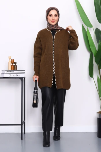 Kahverengi Yumoş Triko İncili Hırka