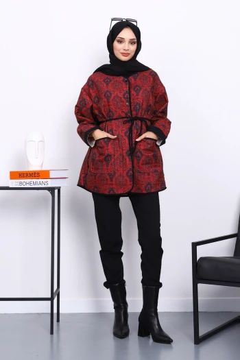 Kırmızı Etnik Desenli Çıtçıtlı Ceket