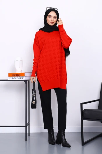 Kırmızı Kazayağı Desenli Soğuk İplik Triko Tunik