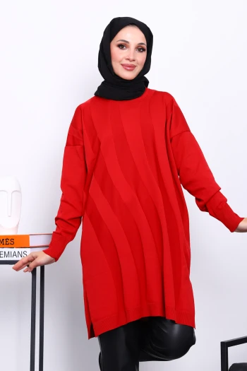 Kırmızı Soğuk İplik Merserize Triko Tunik