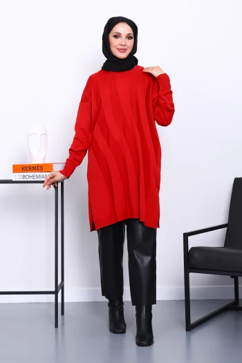 Kırmızı Soğuk İplik Merserize Triko Tunik