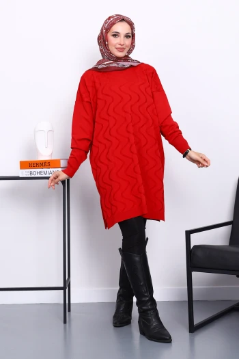 Kırmızı Soğuk İplik Merserize Triko Tunik